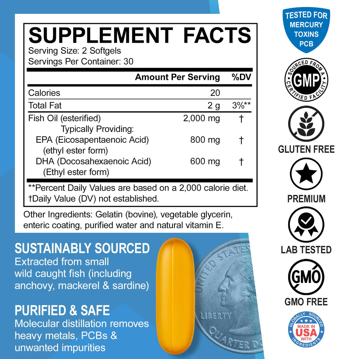 Omega 3 Fish Oil 2000mg EPA DHA 60 Softgels D963138