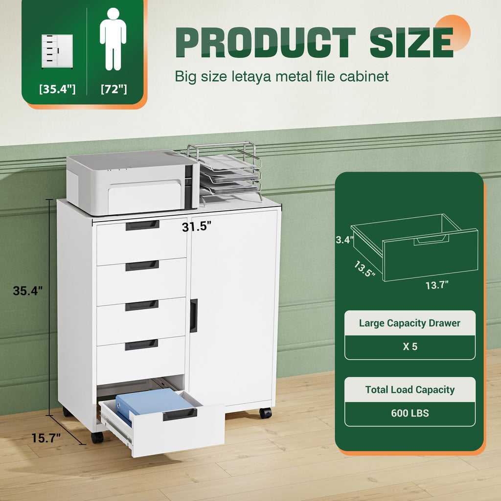 White 5 Drawer Storage Cabinet with Shelves and Door R294012