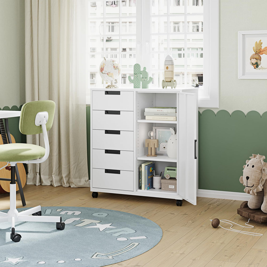 White 5 Drawer Storage Cabinet with Shelves and Door R294012