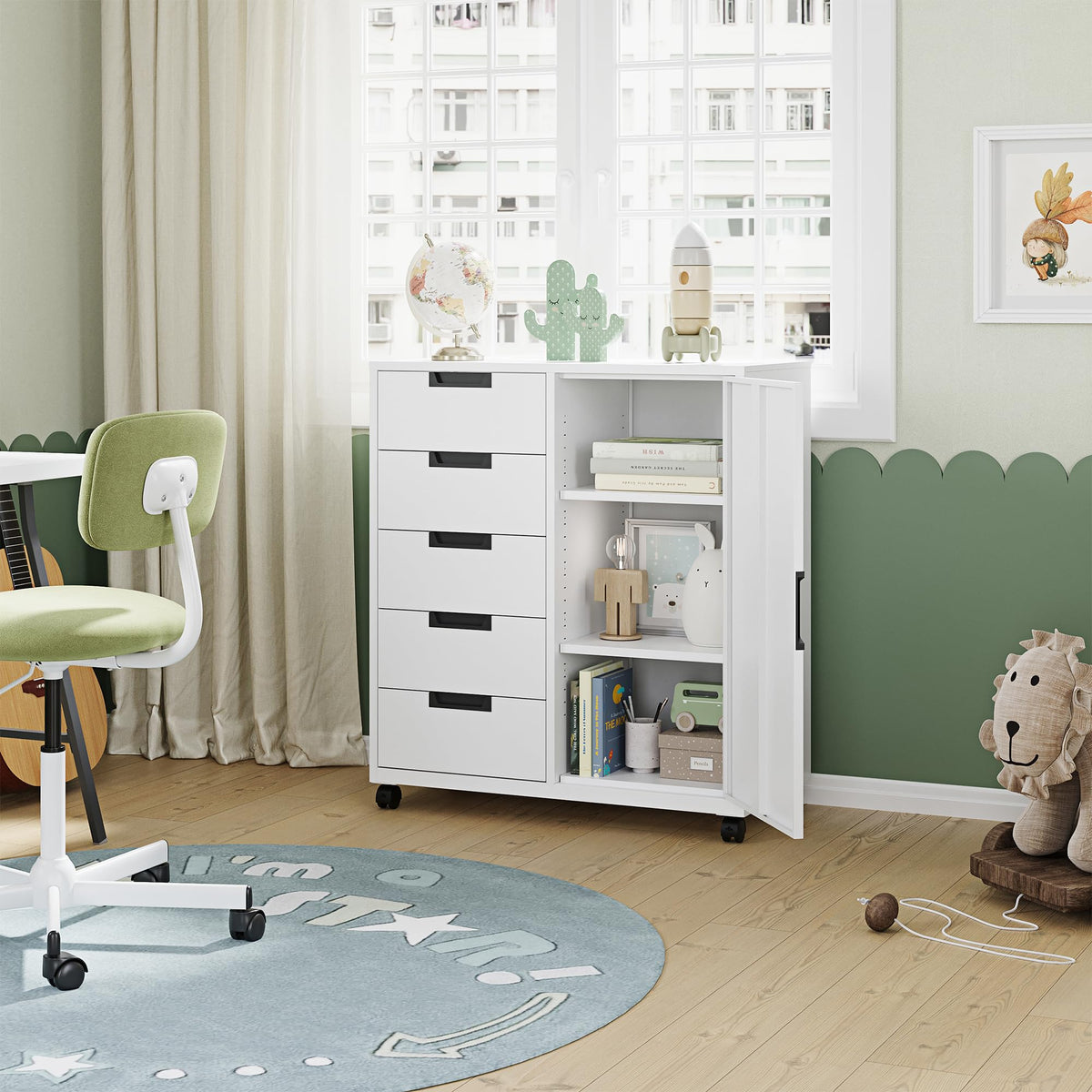 White 5 Drawer Storage Cabinet with Shelves and Door R294012
