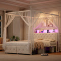 Full Size Canopy Bed Frame with Charging Station and LED Lights W428