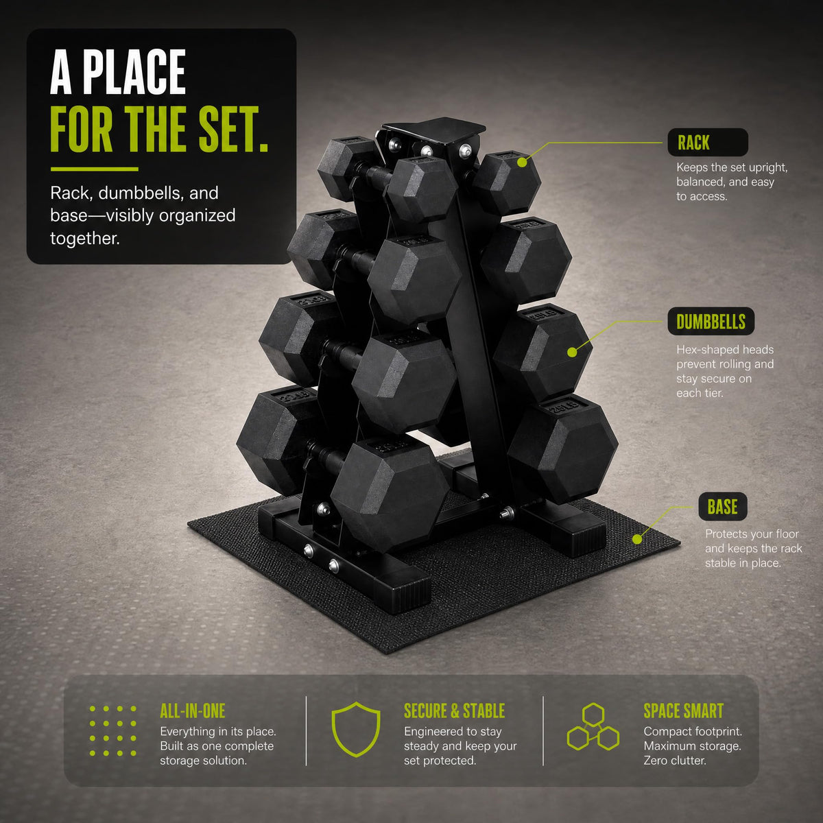 Rubber Coated Hex Dumbbell Weight Set with Rack S79164