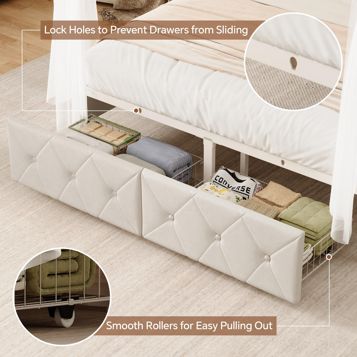 Full Size Canopy Bed Frame with Charging Station and LED Lights W428