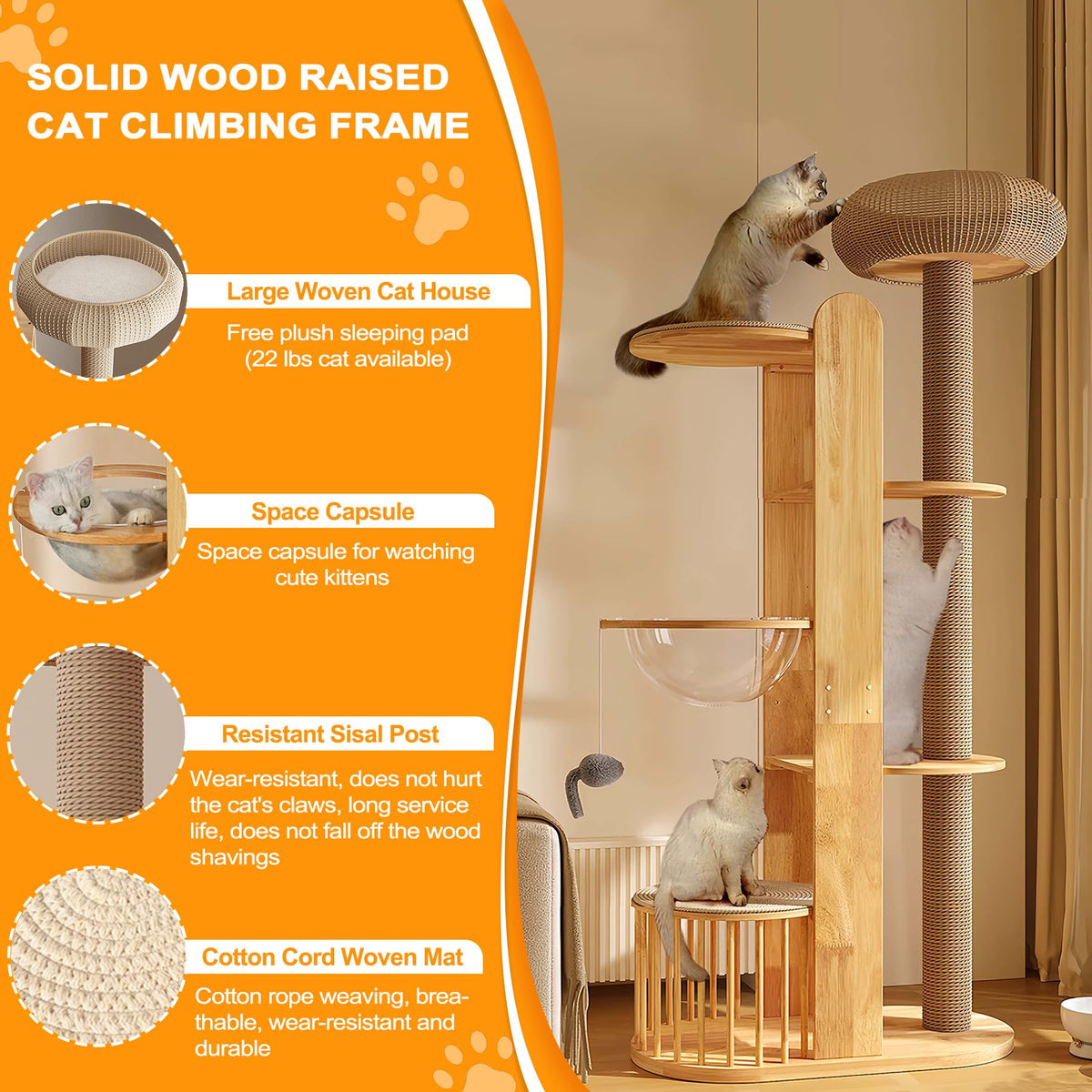 Solid Wooden Cat Tree Tower with Scratching Post S881468
