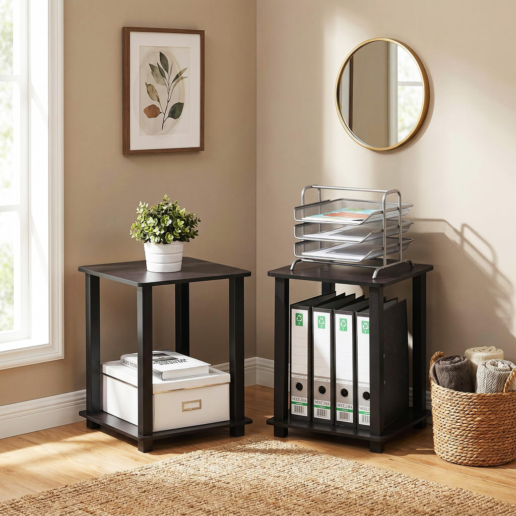 Set of 2 2-Tier Square Dark Walnut Bedside Table Z880022