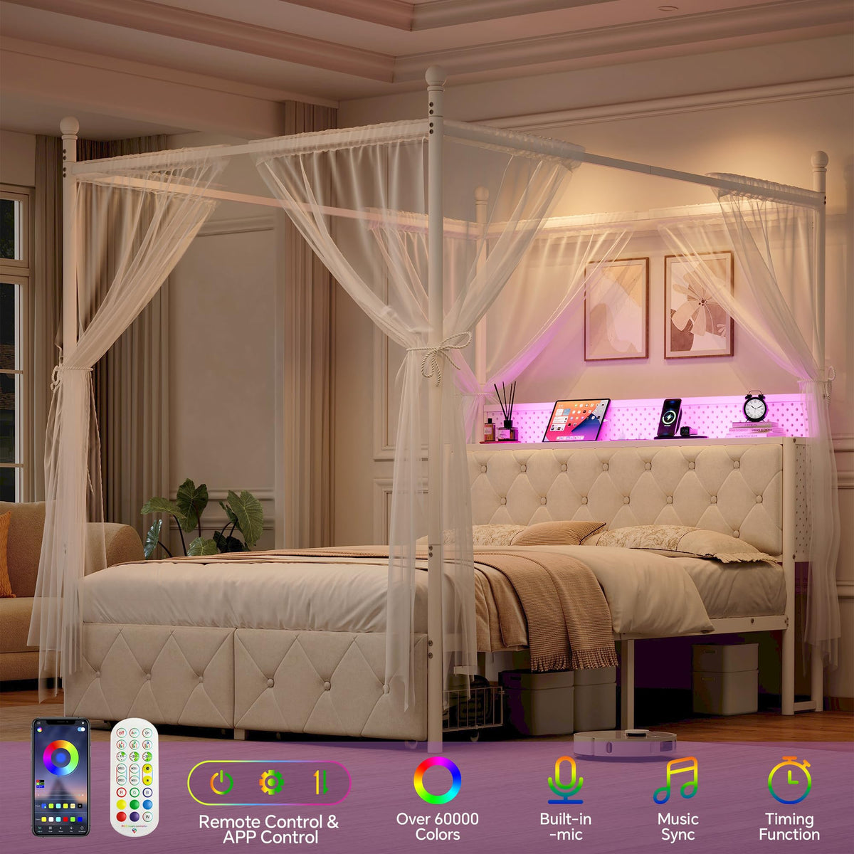Full Size Canopy Bed Frame with Charging Station and LED Lights W428