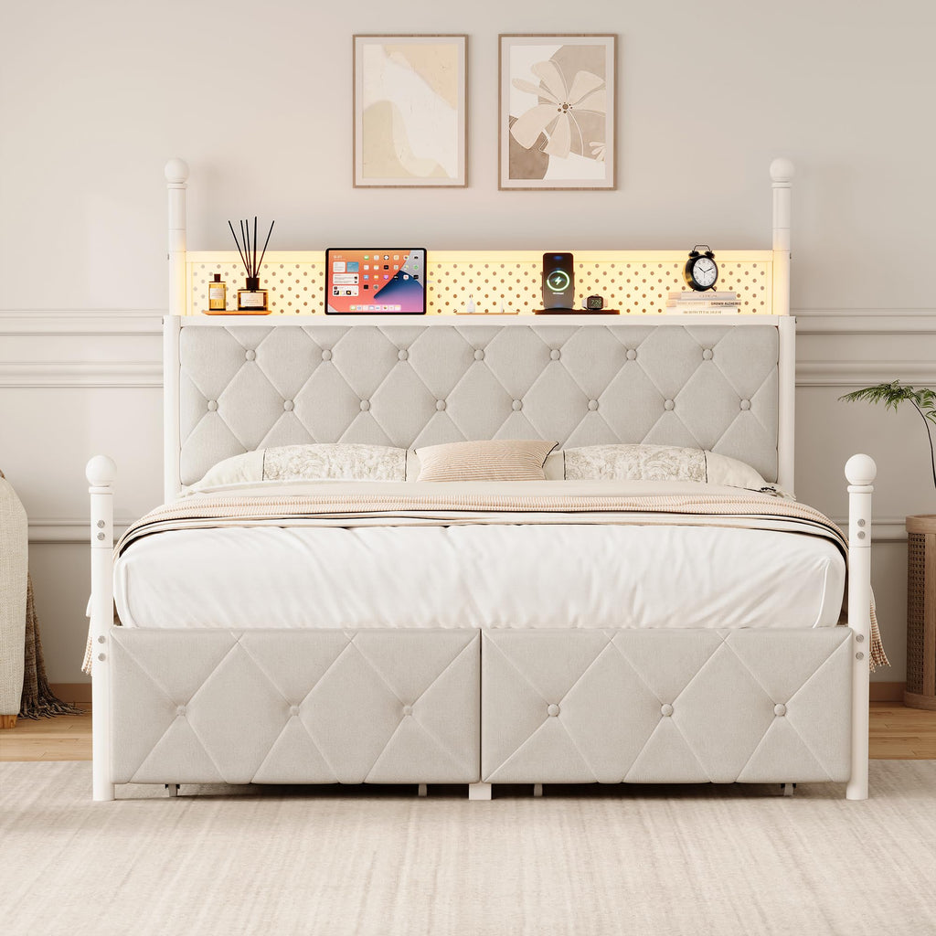 Full Size Canopy Bed Frame with Charging Station and LED Lights W428