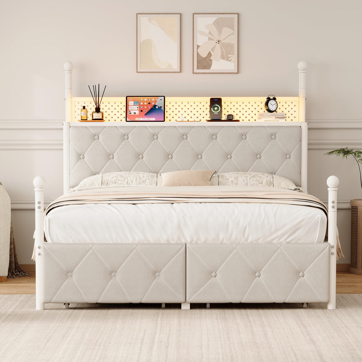 Full Size Canopy Bed Frame with Charging Station and LED Lights W428