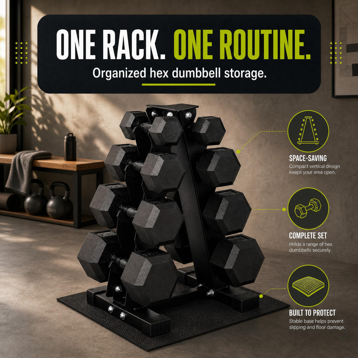 Rubber Coated Hex Dumbbell Weight Set with Rack S79164