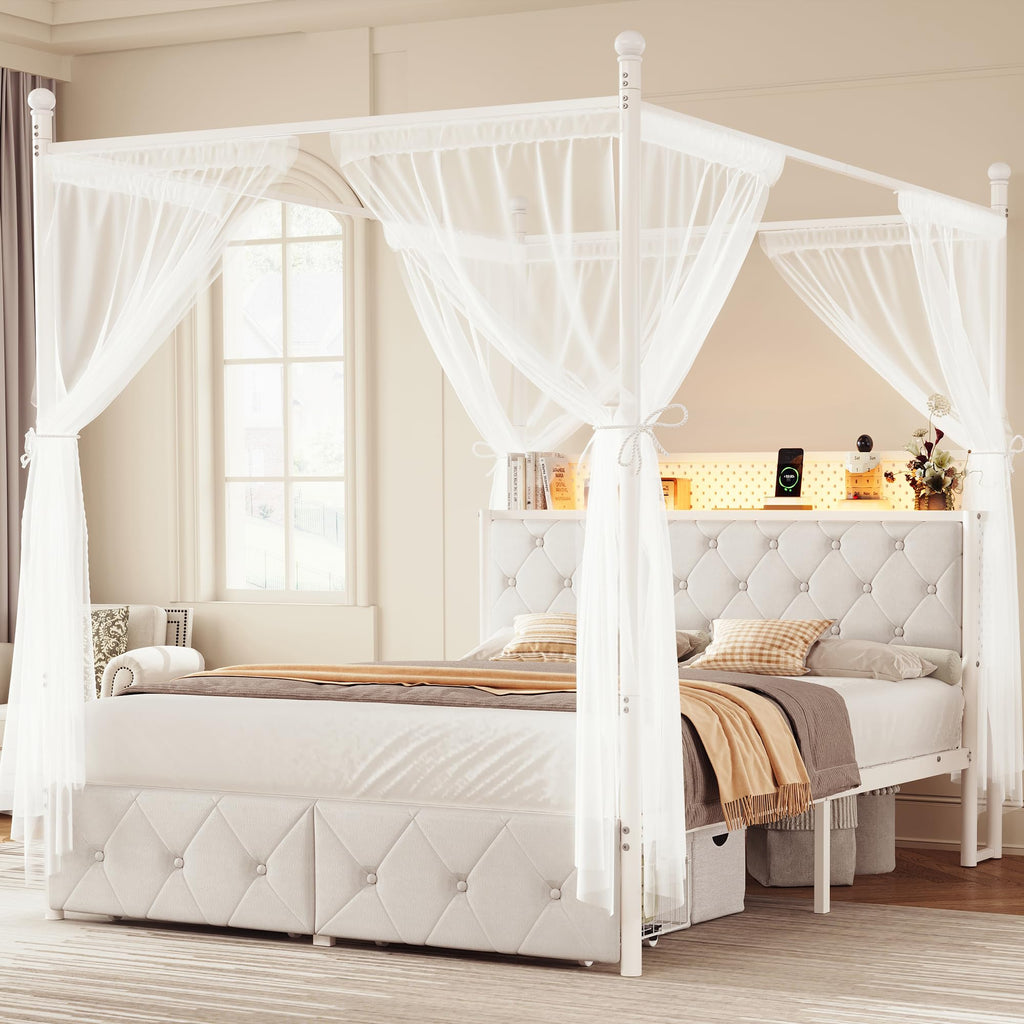 Full Size Canopy Bed Frame with Charging Station and LED Lights W428