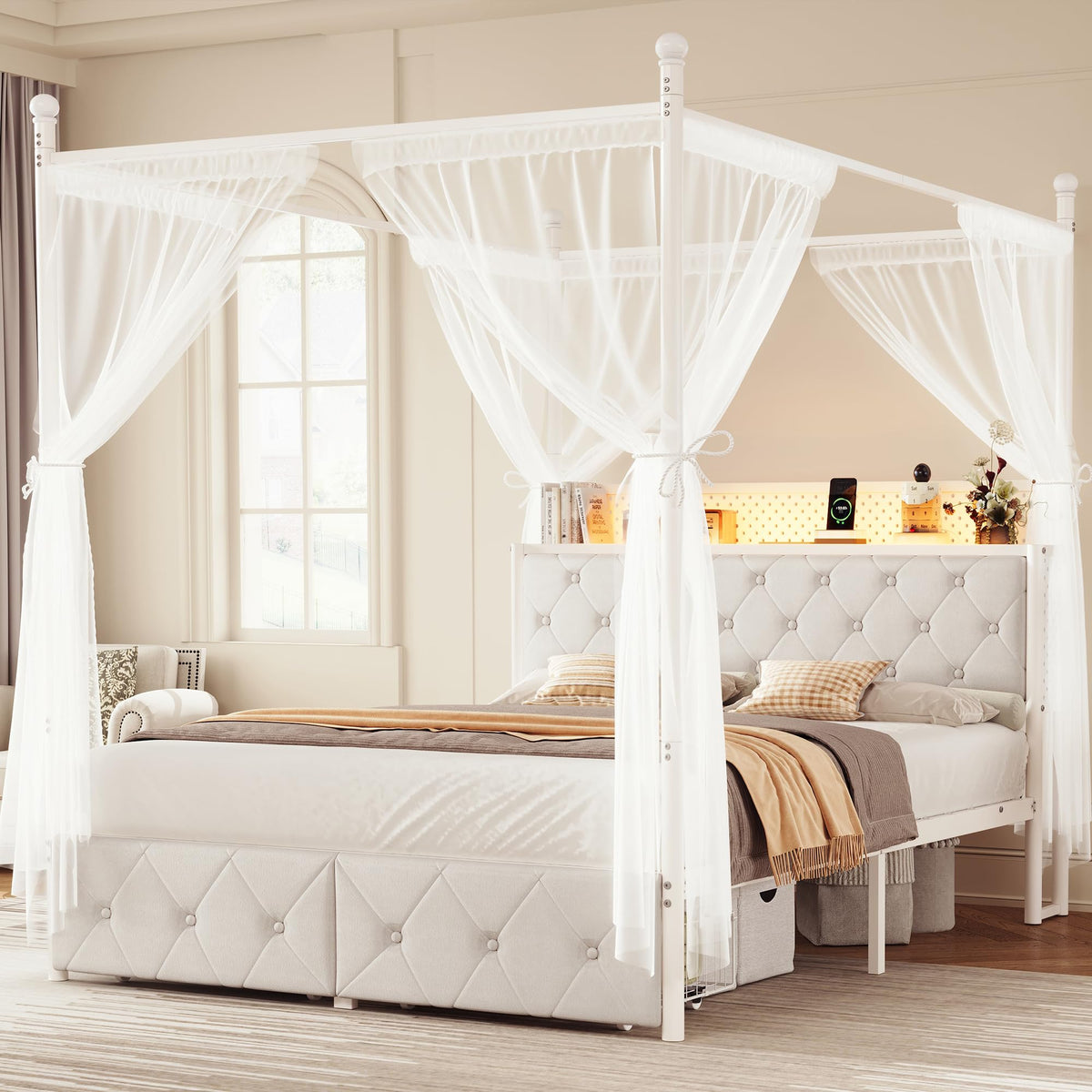Full Size Canopy Bed Frame with Charging Station and LED Lights W428