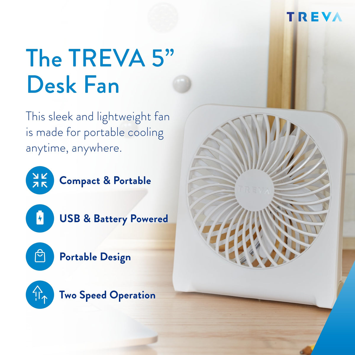5 in USB Battery Powered Desk Fan Adjustable Tilt 2-Speed White K801751