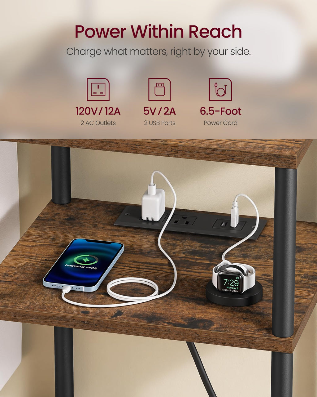 Side Table with Charging Station, 3-Tier End Table G607183