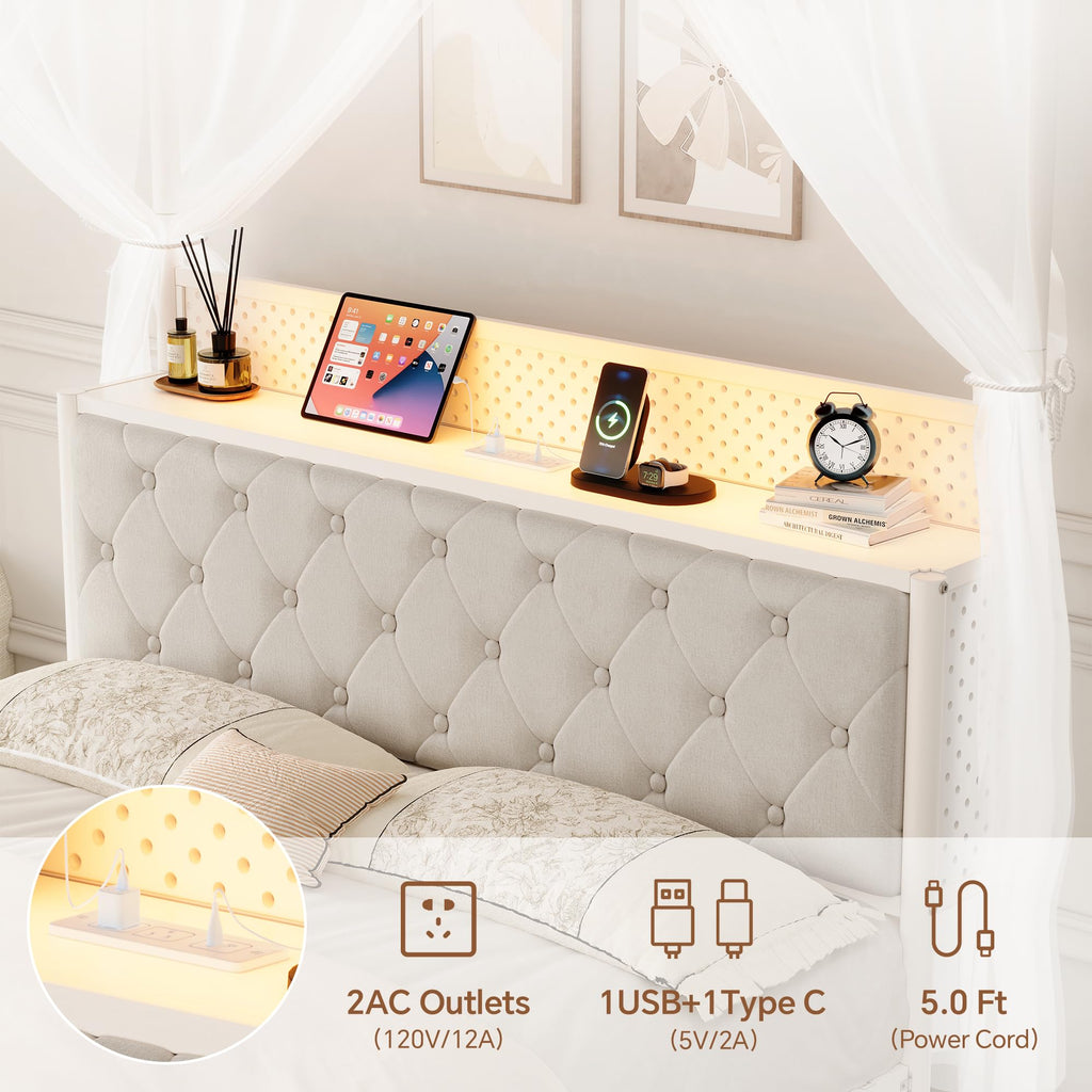 Full Size Canopy Bed Frame with Charging Station and LED Lights W428