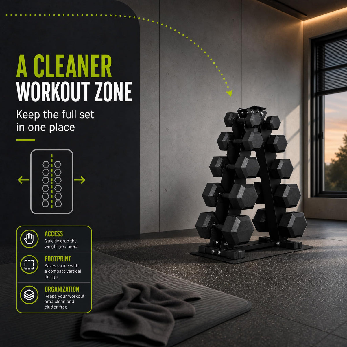 Rubber Coated Hex Dumbbell Weight Set with Rack S79164