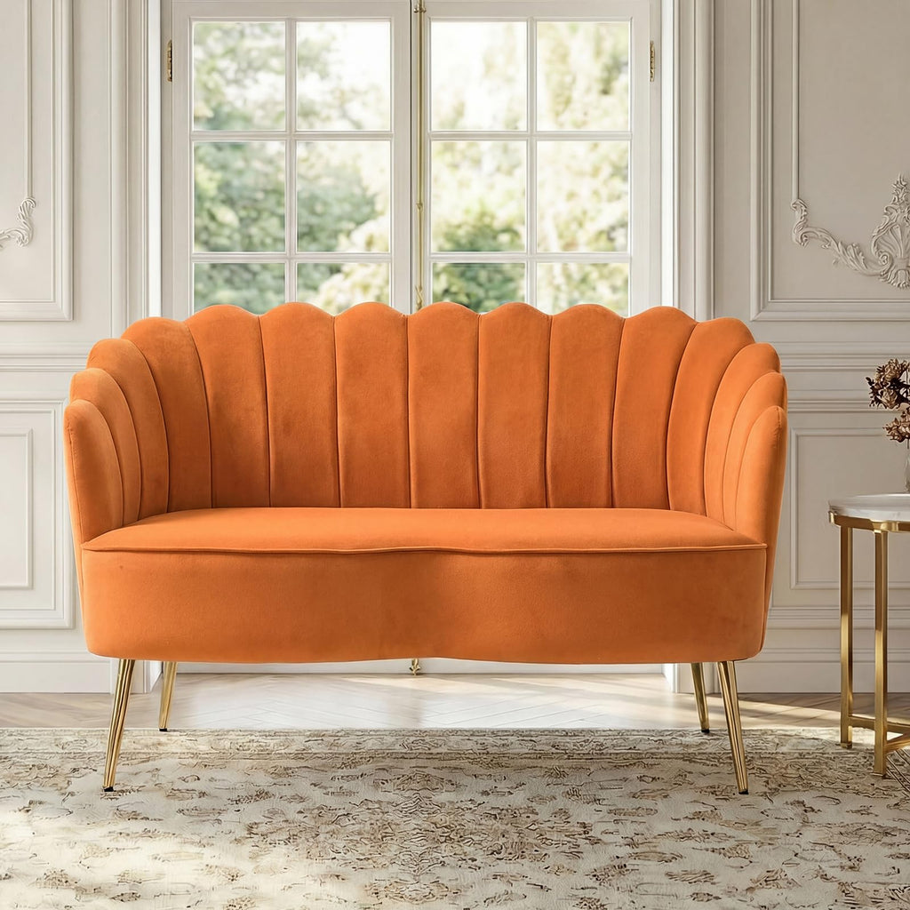 Orange Velvet 2-Seater Loveseat Sofa with Gold Metal Legs Z953346