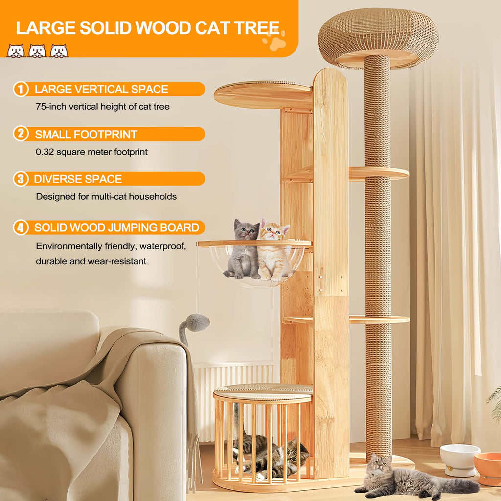 Solid Wooden Cat Tree Tower with Scratching Post S881468