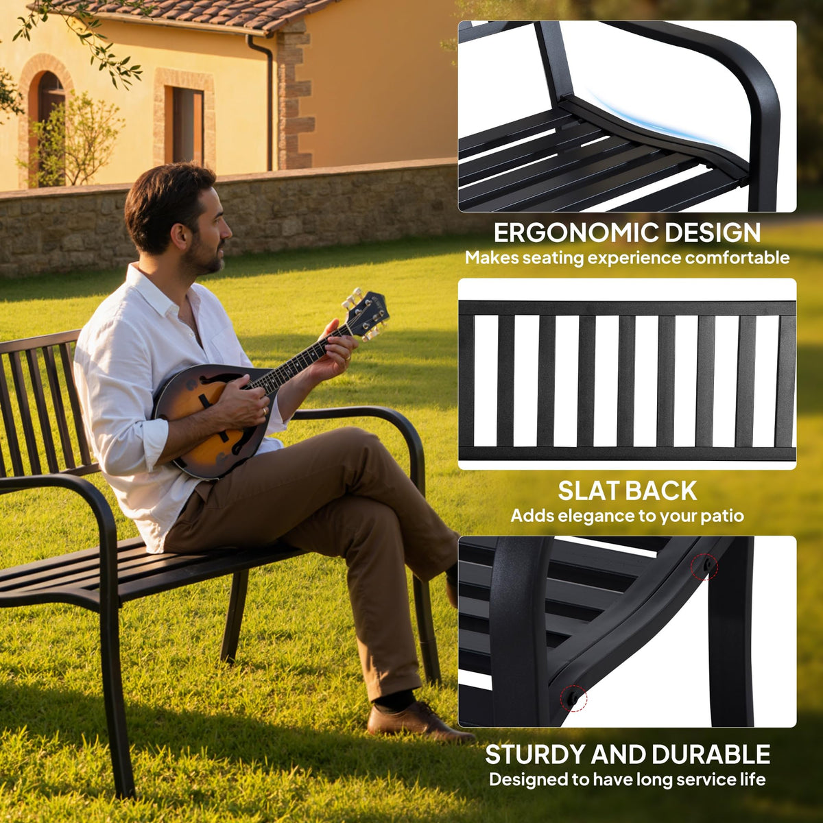 50" Outdoor Garden Bench with Slatted Seat Metal Black Z690