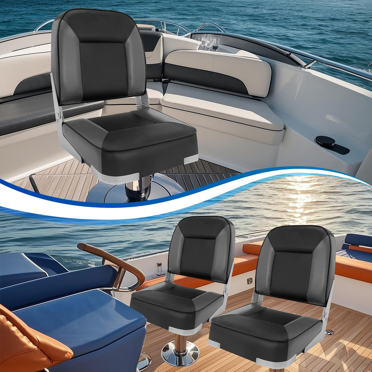 2 Pack Folding Low Back Boat Seats Black/Gray Q637