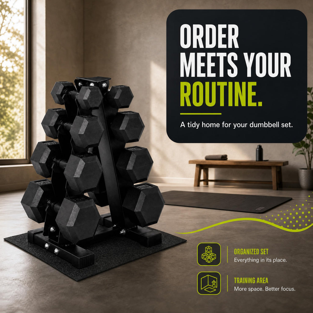 Rubber Coated Hex Dumbbell Weight Set with Rack S79164