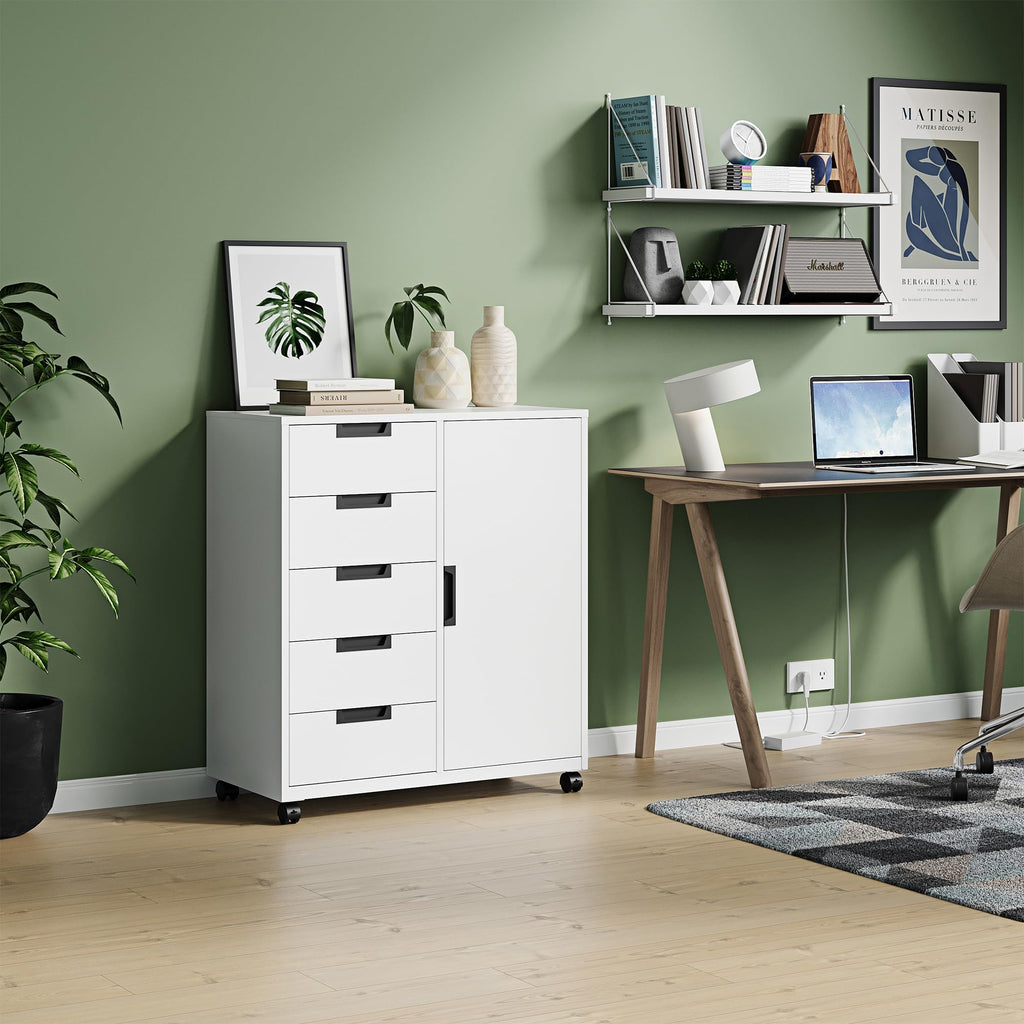 White 5 Drawer Storage Cabinet with Shelves and Door R294012