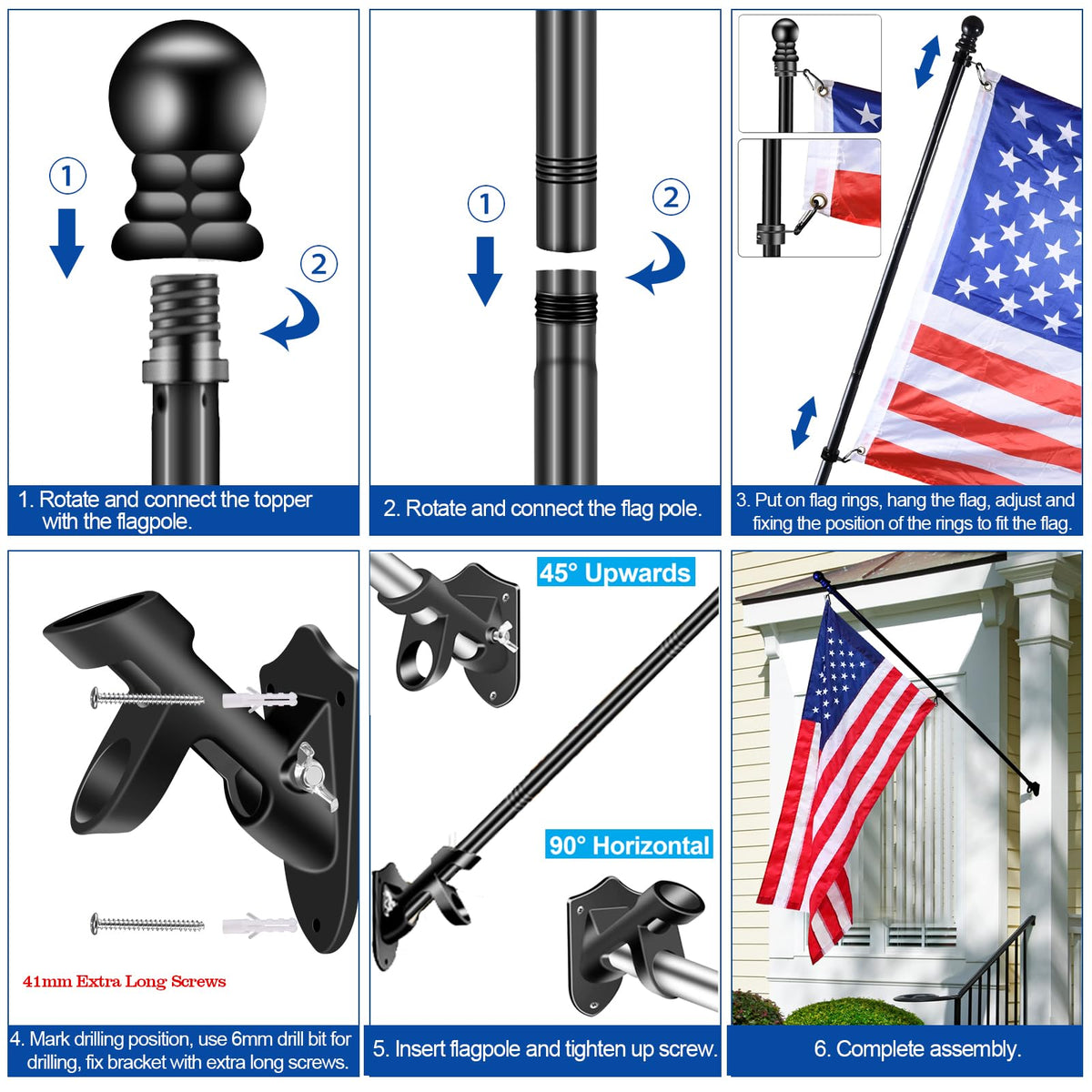 Black 5 FT Stainless Steel Wall Mount Flag Pole Kit V271