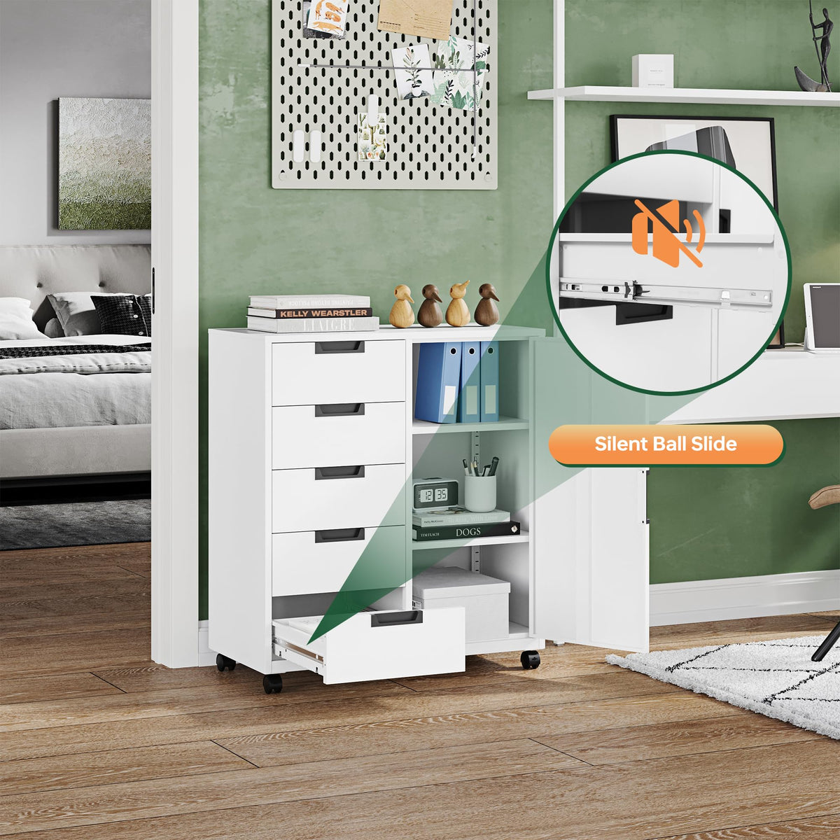 White 5 Drawer Storage Cabinet with Shelves and Door R294012