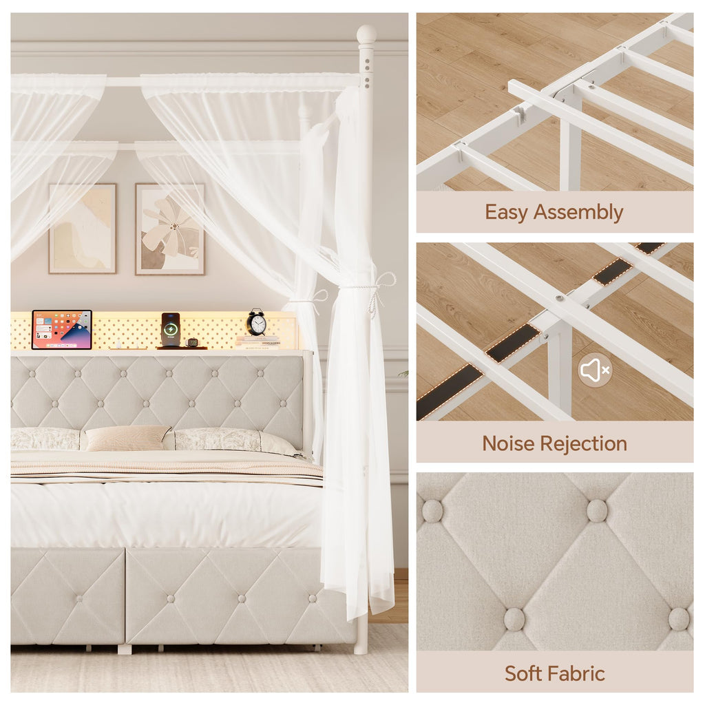 Full Size Canopy Bed Frame with Charging Station and LED Lights W428