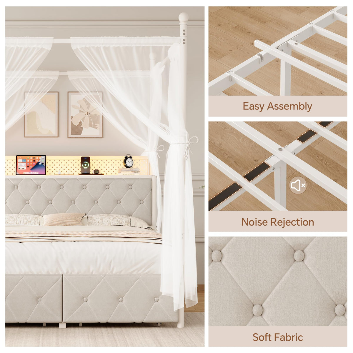 Full Size Canopy Bed Frame with Charging Station and LED Lights W428